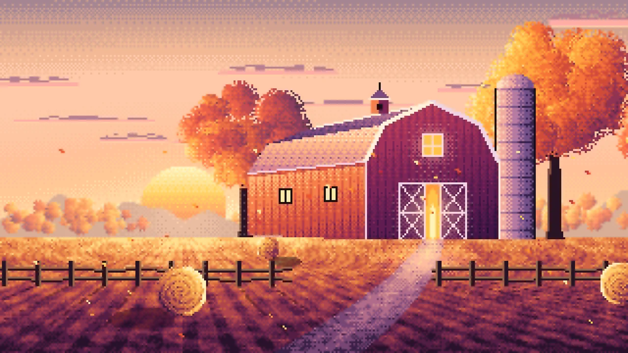 Peach Pixel Art Fall Barn at Sunset desktop wallpaper in 4K