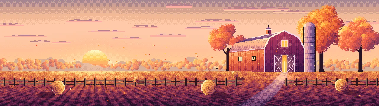 Peach Pixel Art Fall Barn at Sunset dual monitor wallpaper, 7680 × 2160