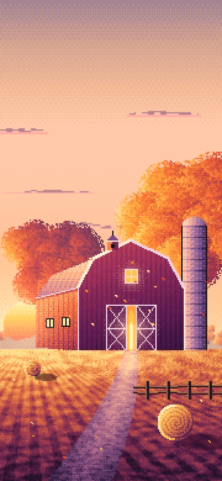 Peach Pixel Art Fall Barn at Sunset wallpaper for iPhone and Android