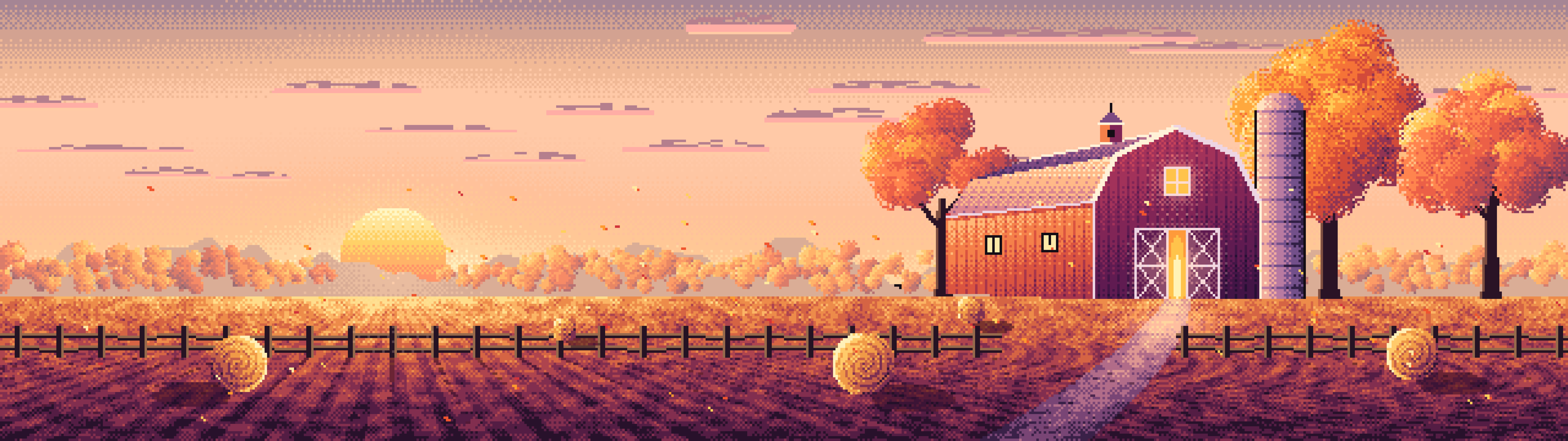 Peach Pixel Art Fall Barn at Sunset dual monitor wallpaper, 7680 × 2160