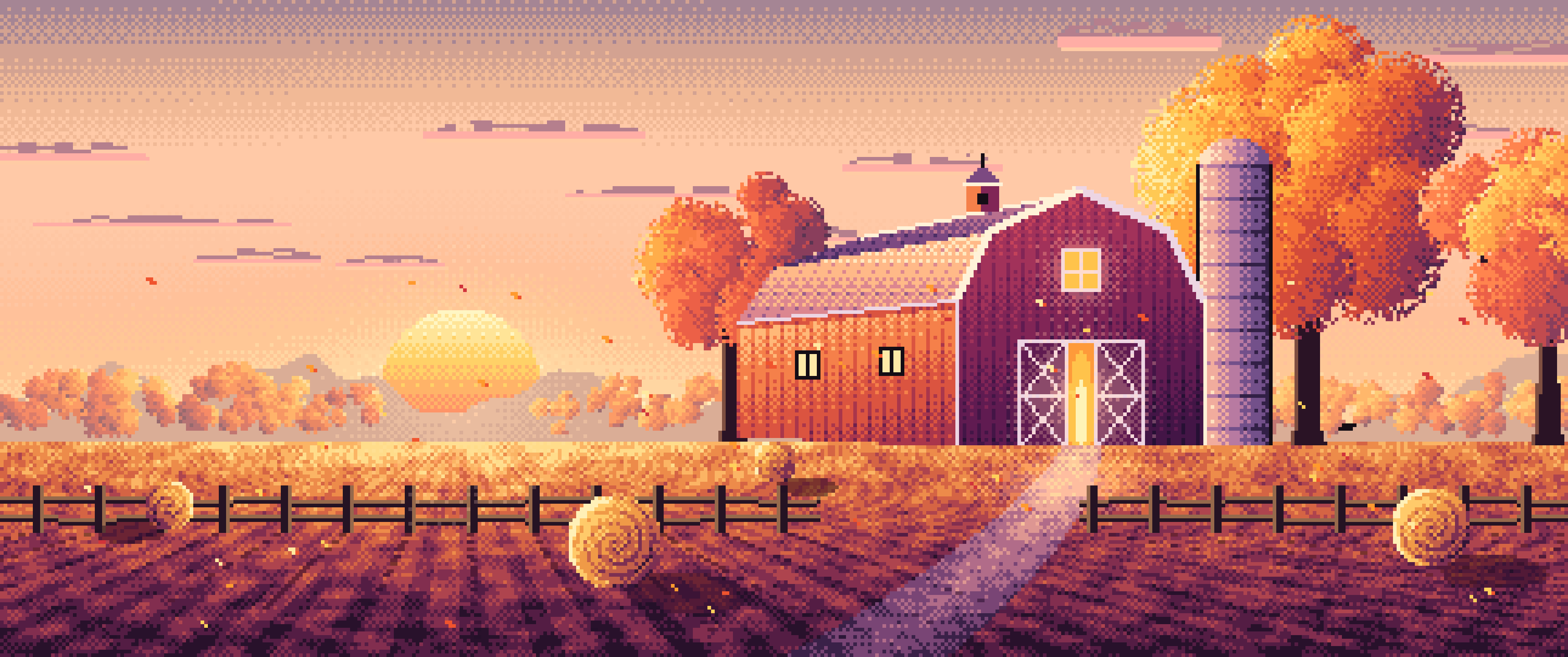 Peach Pixel Art Fall Barn at Sunset ultrawide wallpaper, 3440 × 1440