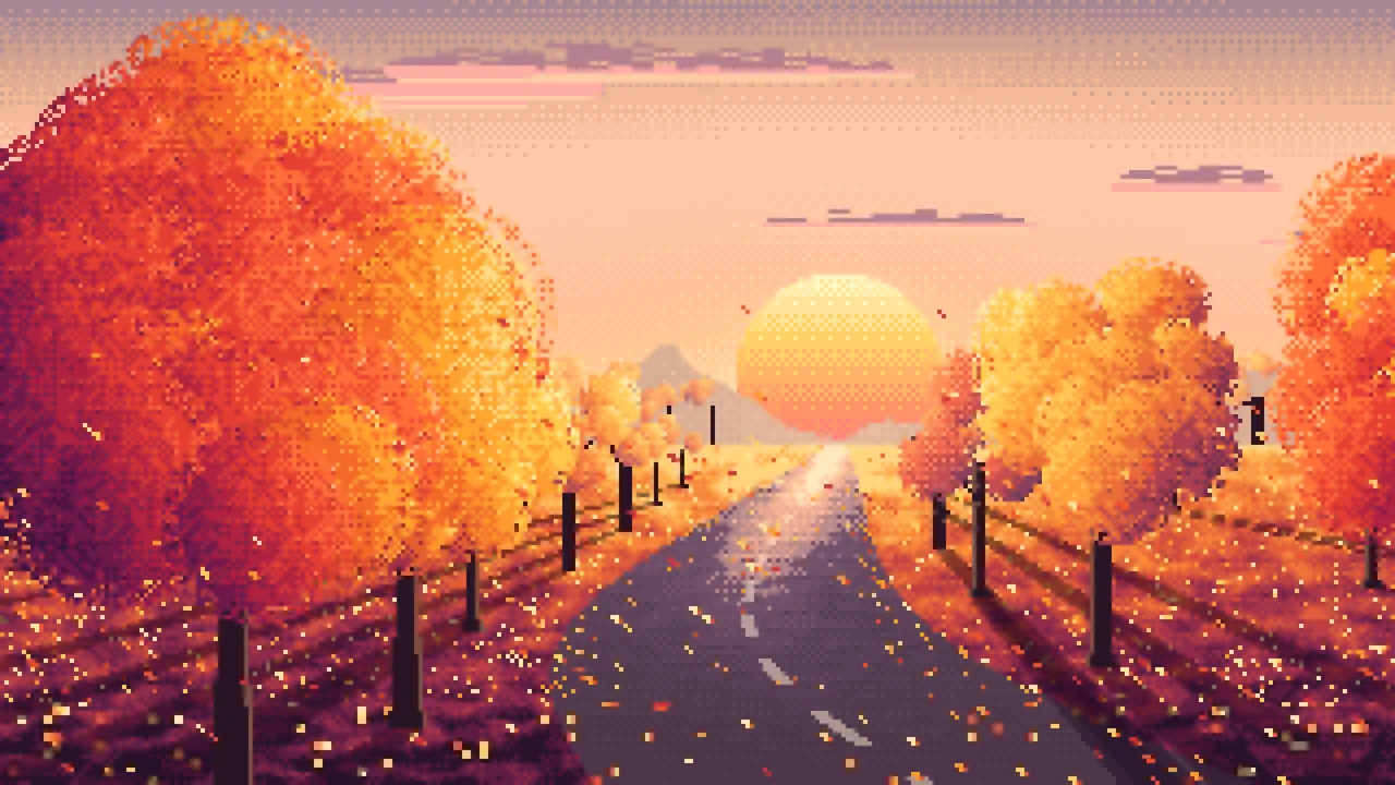 Peach Pixel Art Fall Road at Sunset desktop wallpaper in 4K