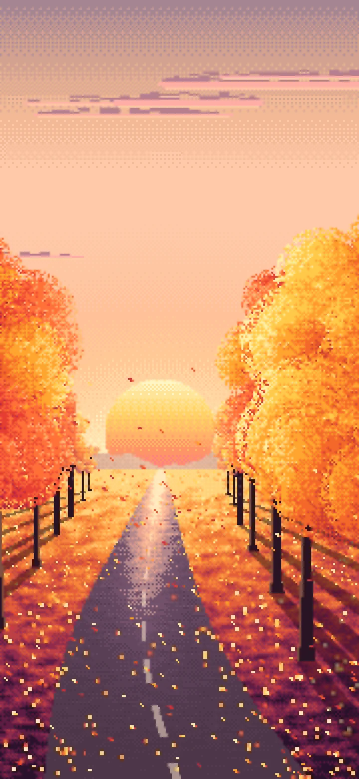 Peach Pixel Art Fall Road at Sunset wallpaper for iPhone and Android