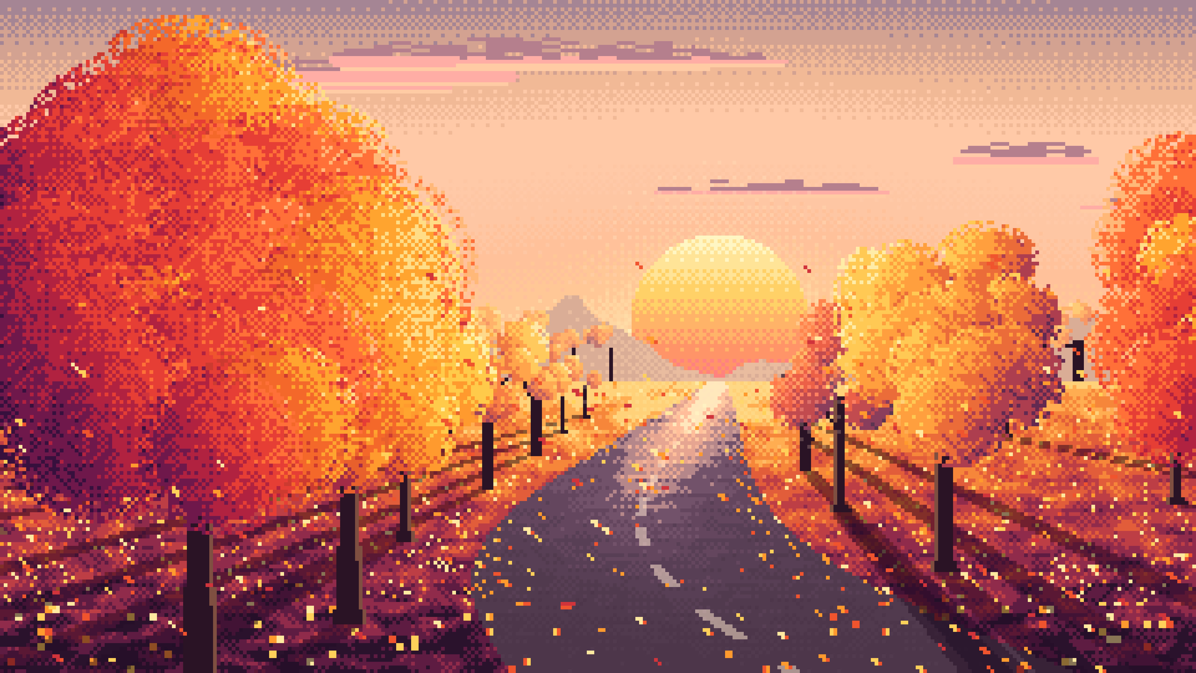 Peach Pixel Art Fall Road at Sunset desktop wallpaper in 4K