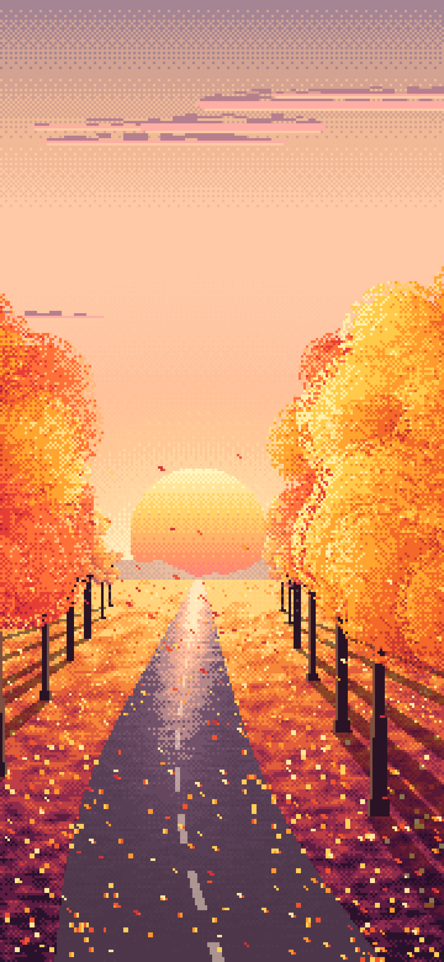Peach Pixel Art Fall Road at Sunset wallpaper for iPhone and Android