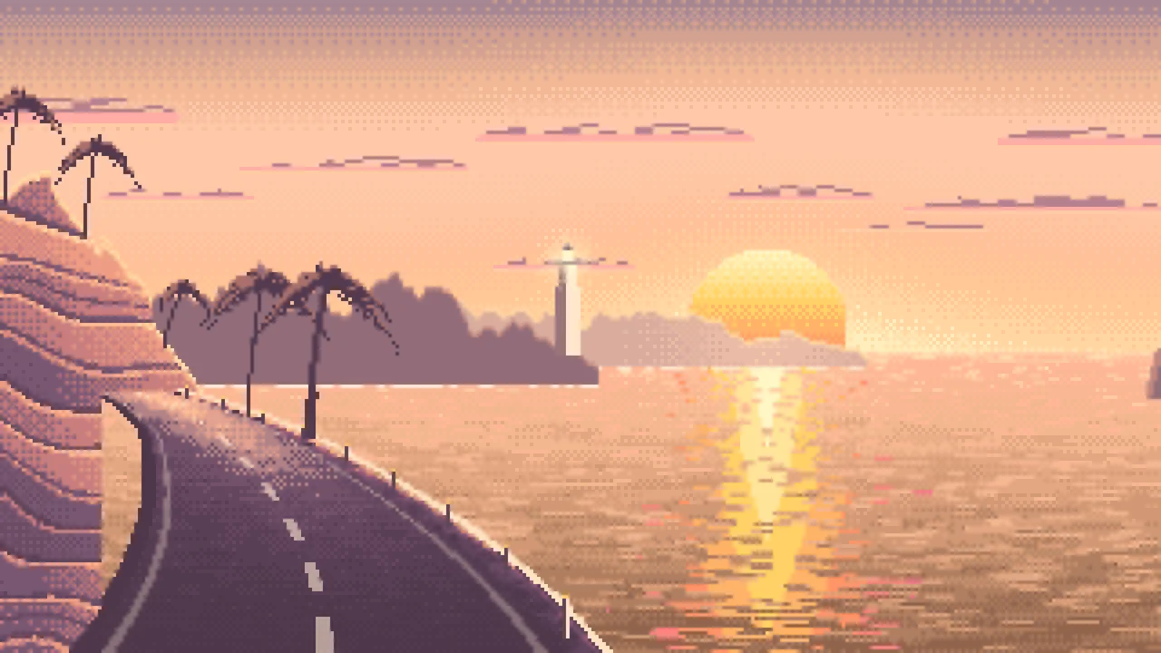 Peach Pixel Art Ocean Road at Sunset desktop wallpaper in 4K