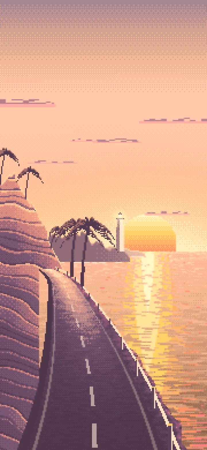 Peach Pixel Art Ocean Road at Sunset wallpaper for iPhone and Android