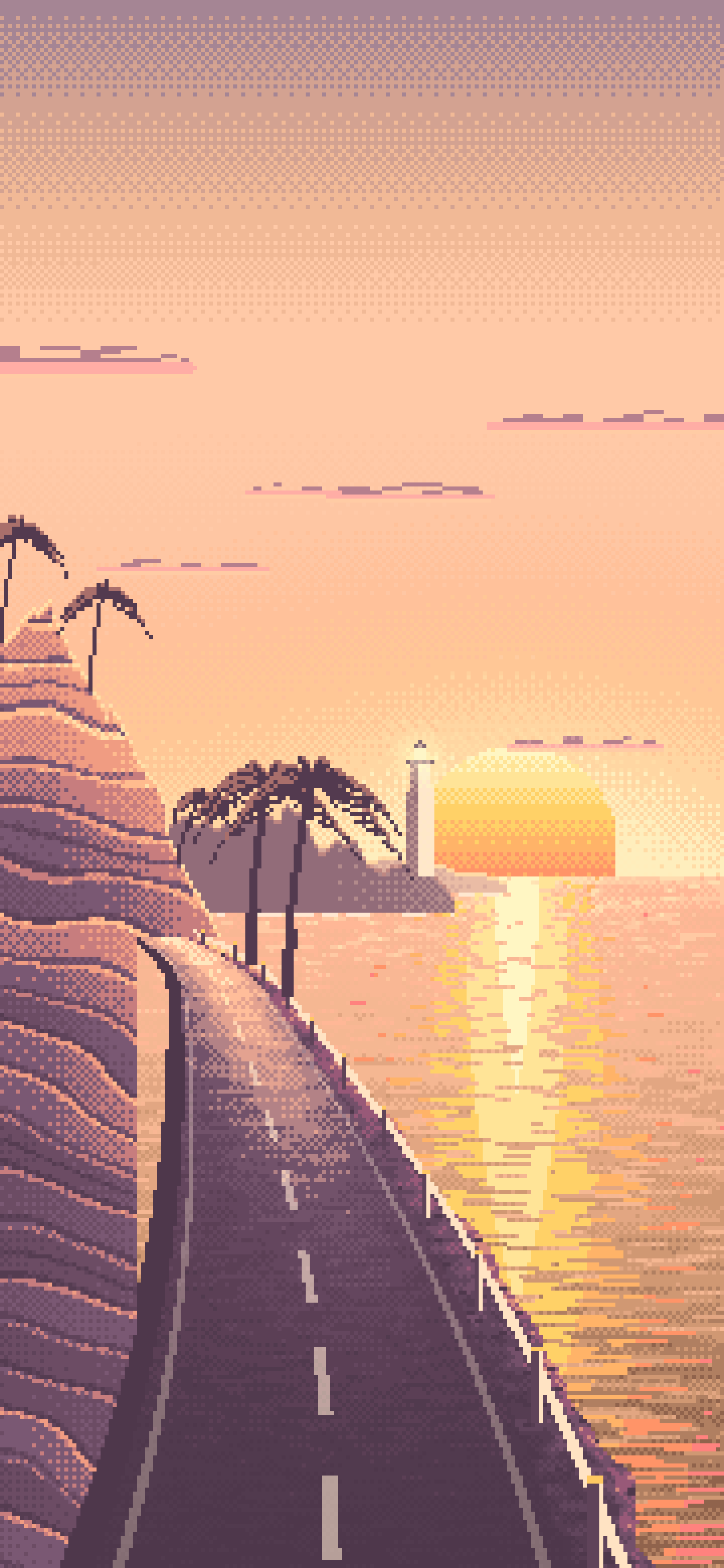 Peach Pixel Art Ocean Road at Sunset wallpaper for iPhone and Android