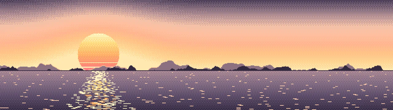 Peach Pixel Art Sunset dual monitor wallpaper, 7680 × 2160