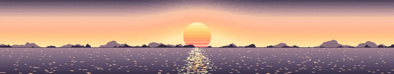 Peach Pixel Art Sunset triple monitor wallpaper, 7680 × 1440
