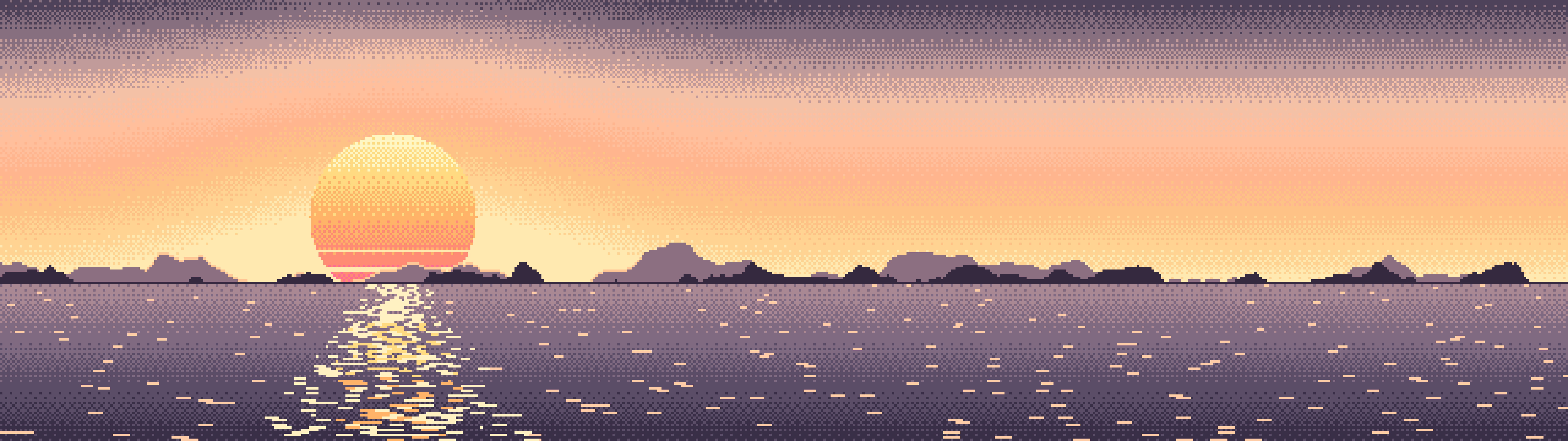 Peach Pixel Art Sunset dual monitor wallpaper, 7680 × 2160
