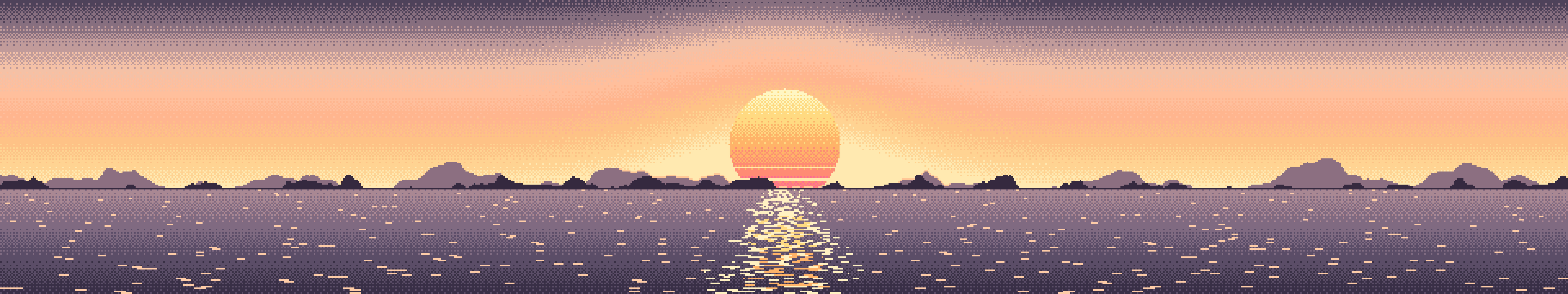 Peach Pixel Art Sunset triple monitor wallpaper, 7680 × 1440