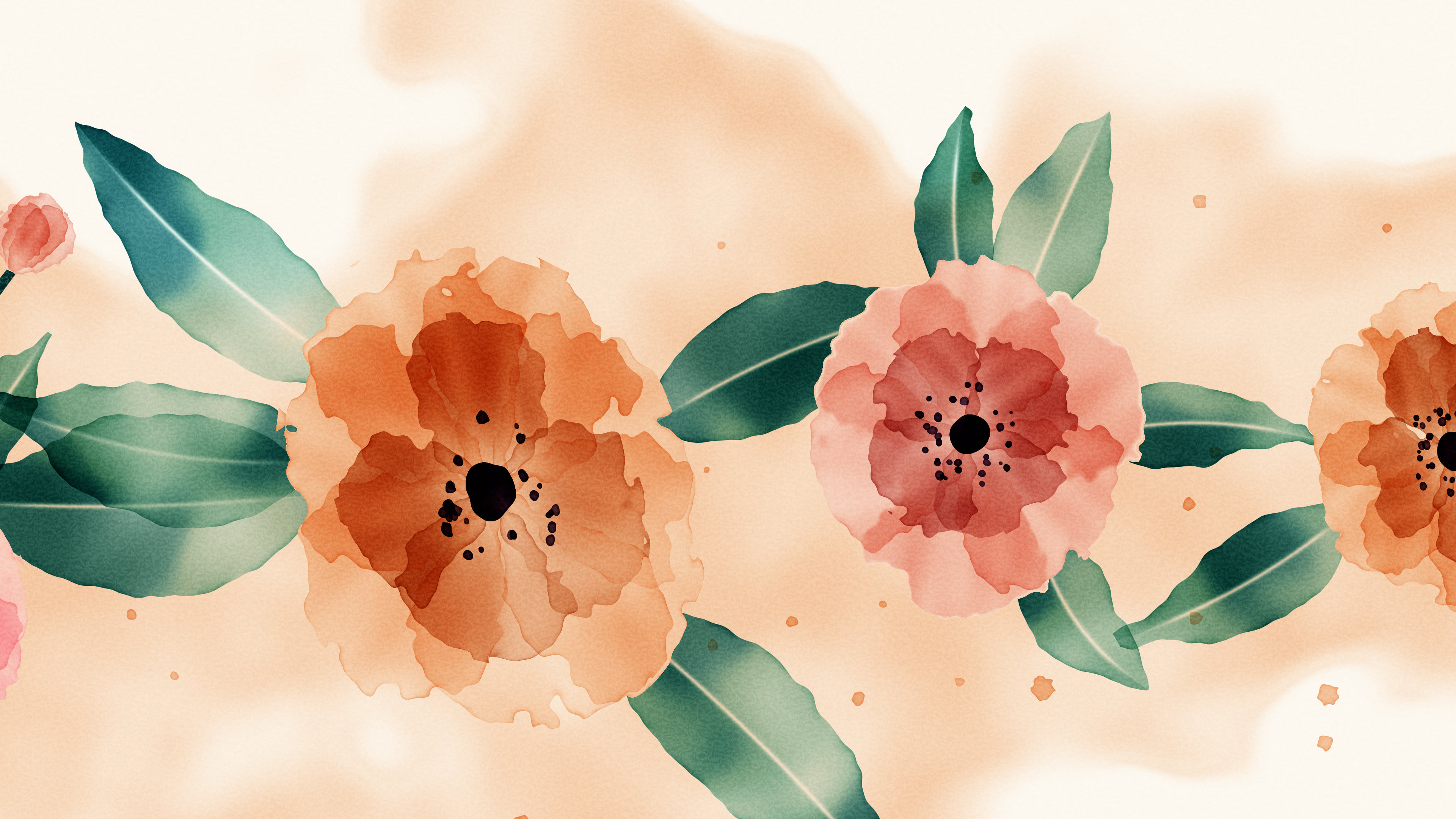 Peach Watercolor Flowers desktop wallpaper in 4K