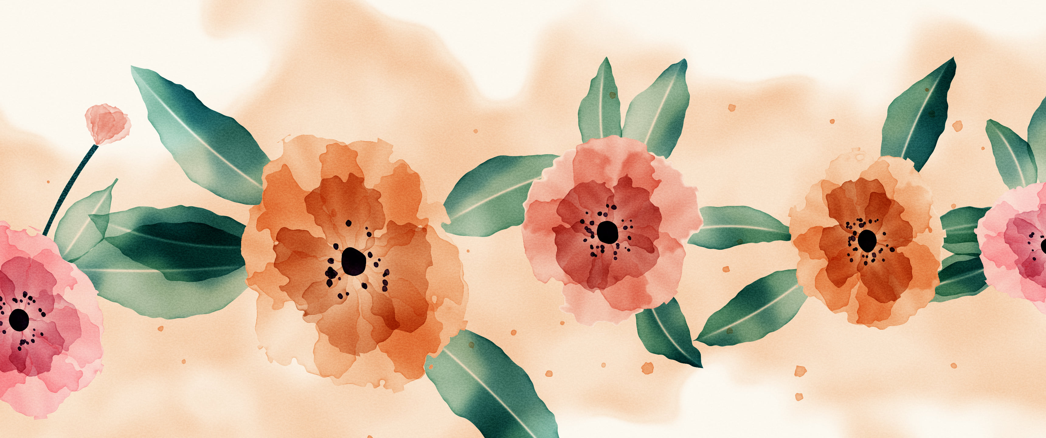 Peach Watercolor Flowers ultrawide wallpaper, 3440 × 1440