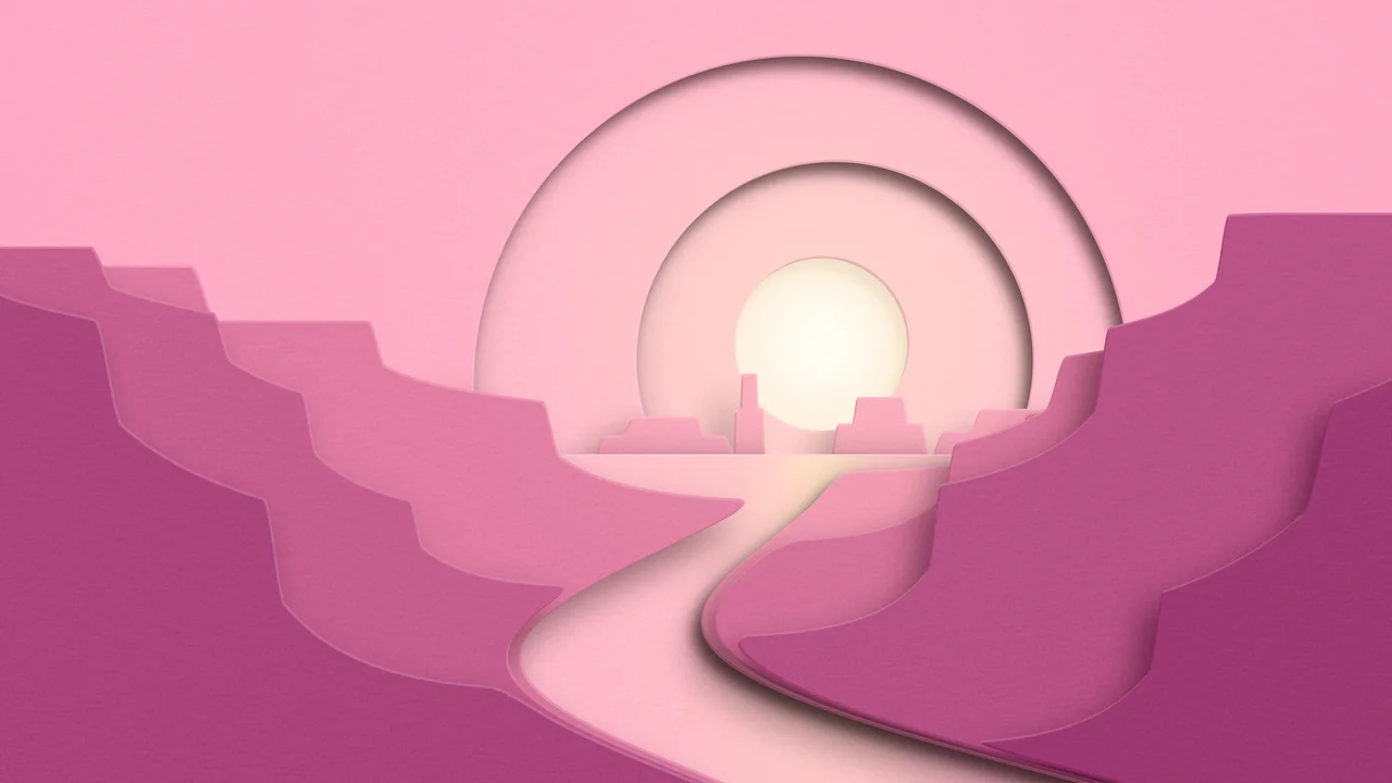 Pink 3D Paper Cut Canyon at Sunset desktop wallpaper in 4K