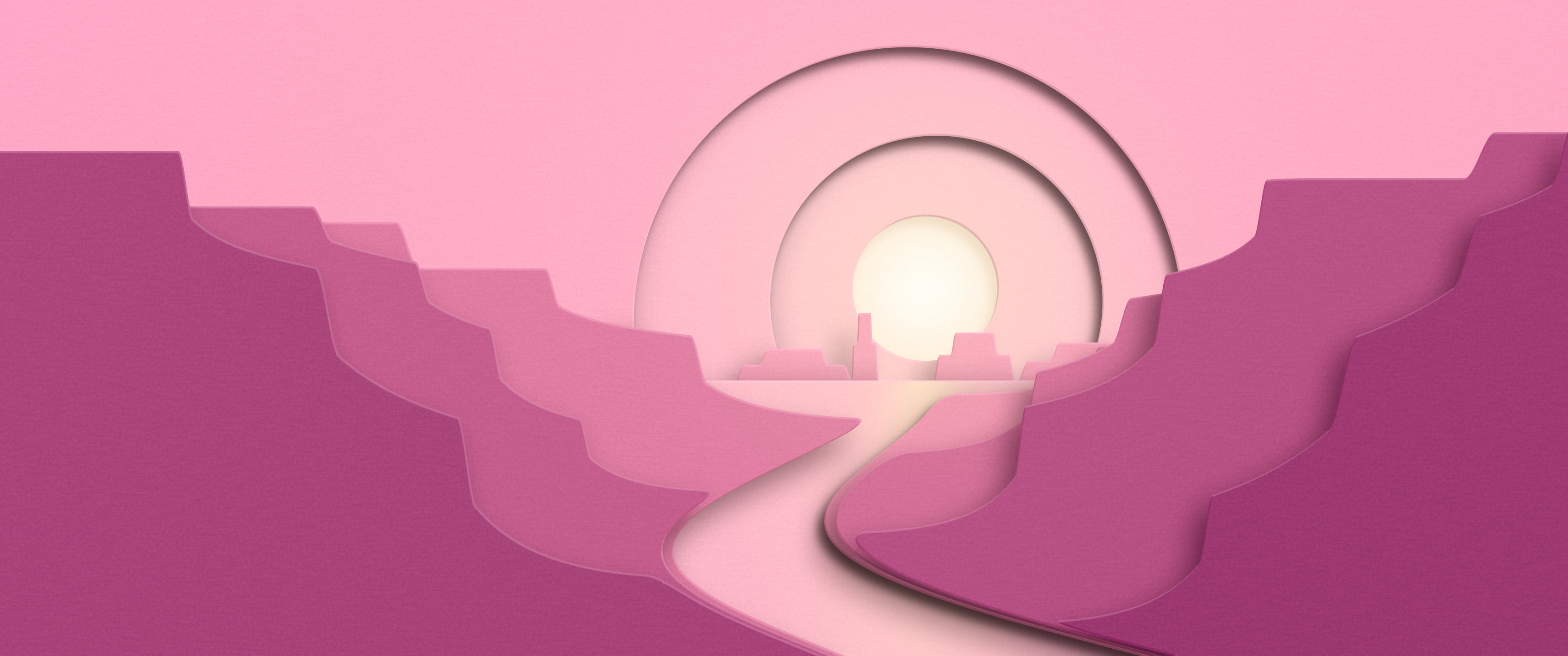 Pink 3D Paper Cut Canyon at Sunset ultrawide wallpaper, 3440 × 1440
