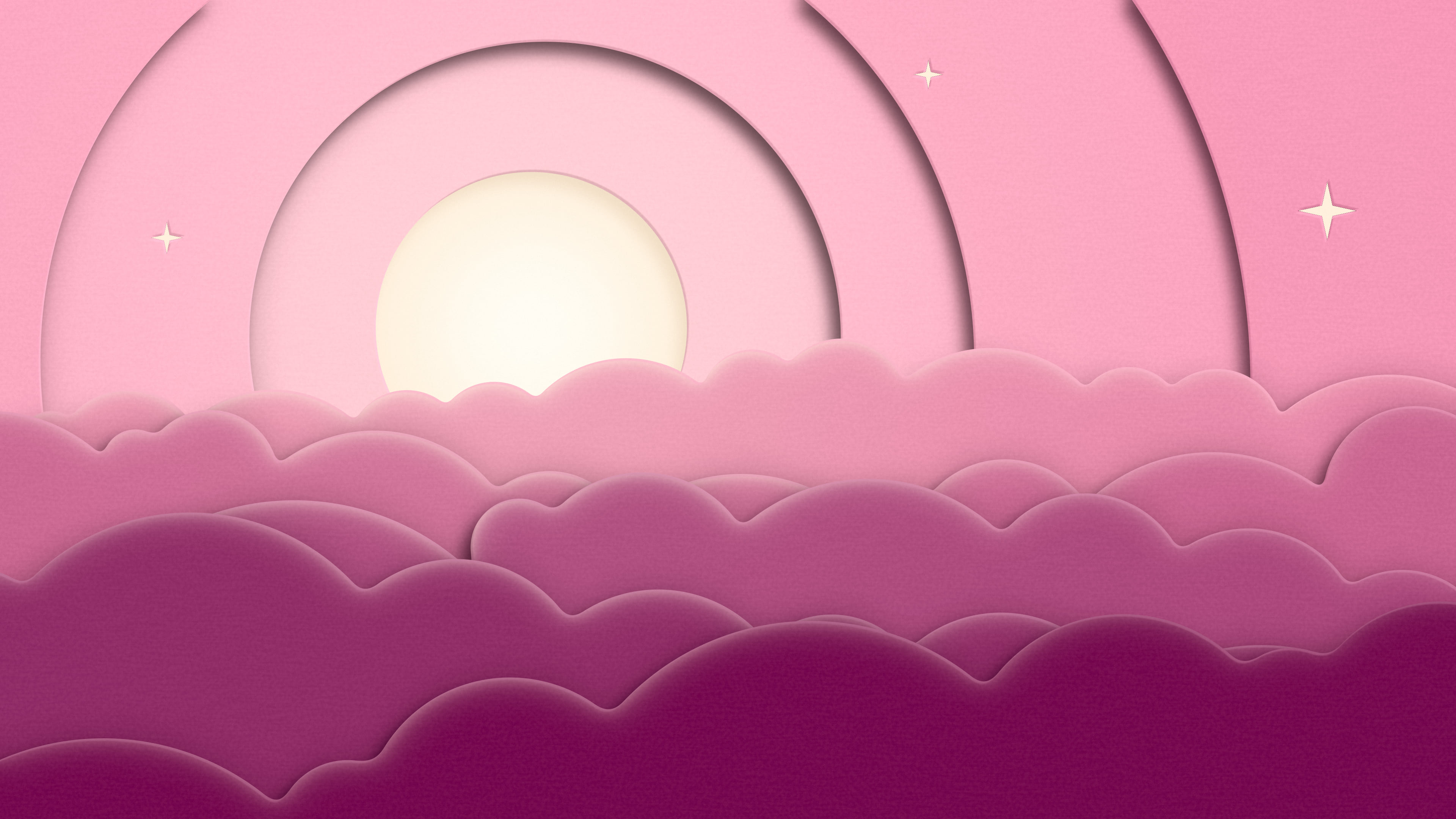 Pink 3D Paper Cut Moon and Clouds desktop wallpaper in 4K
