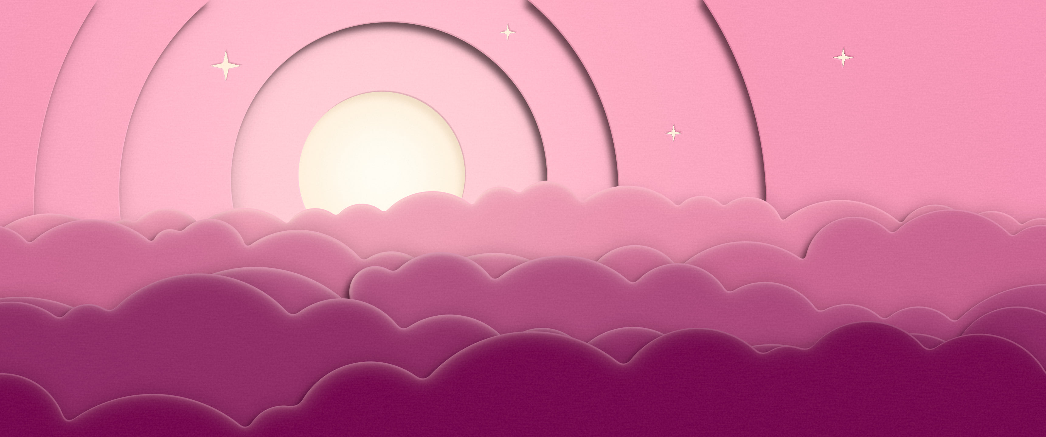 Pink 3D Paper Cut Moon and Clouds ultrawide wallpaper, 3440 × 1440