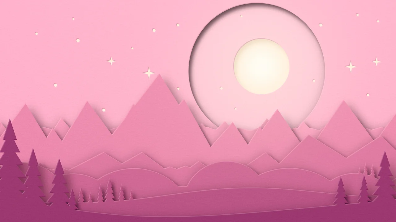 Pink 3D Paper Cut Mountains and Moon desktop wallpaper in 4K