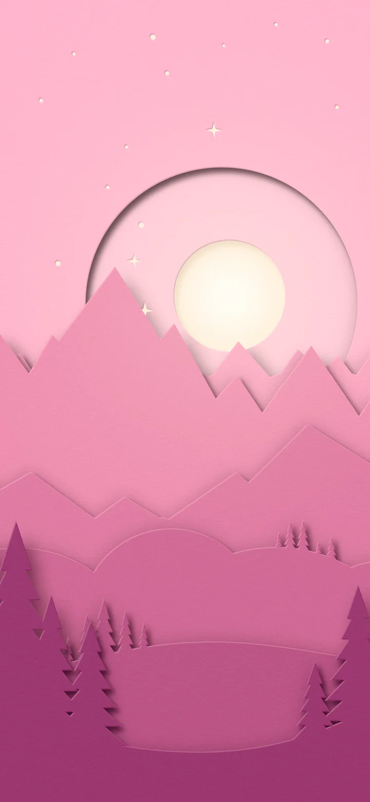 Pink 3D Paper Cut Mountains and Moon wallpaper for iPhone and Android