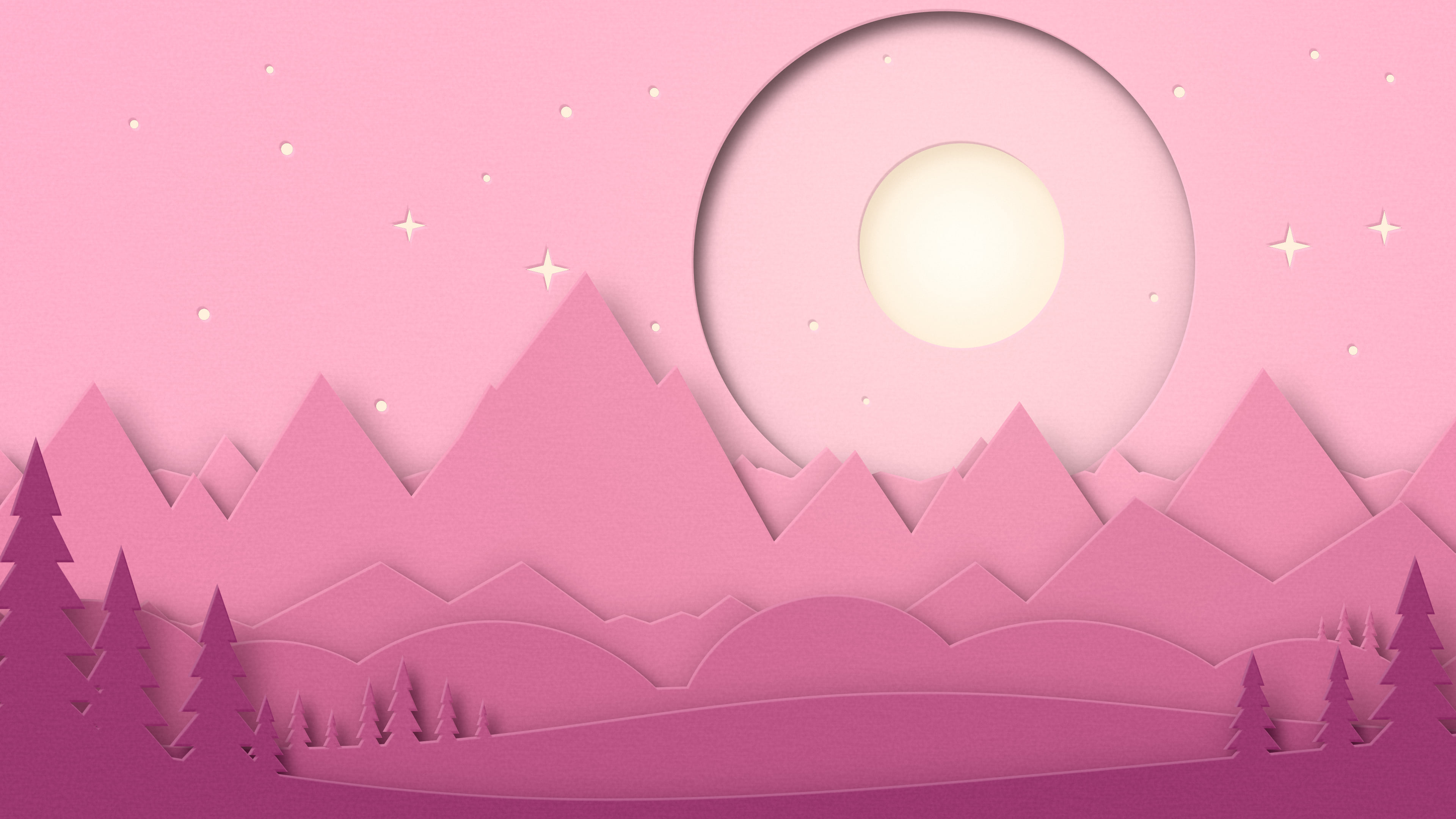 Pink 3D Paper Cut Mountains and Moon desktop wallpaper in 4K