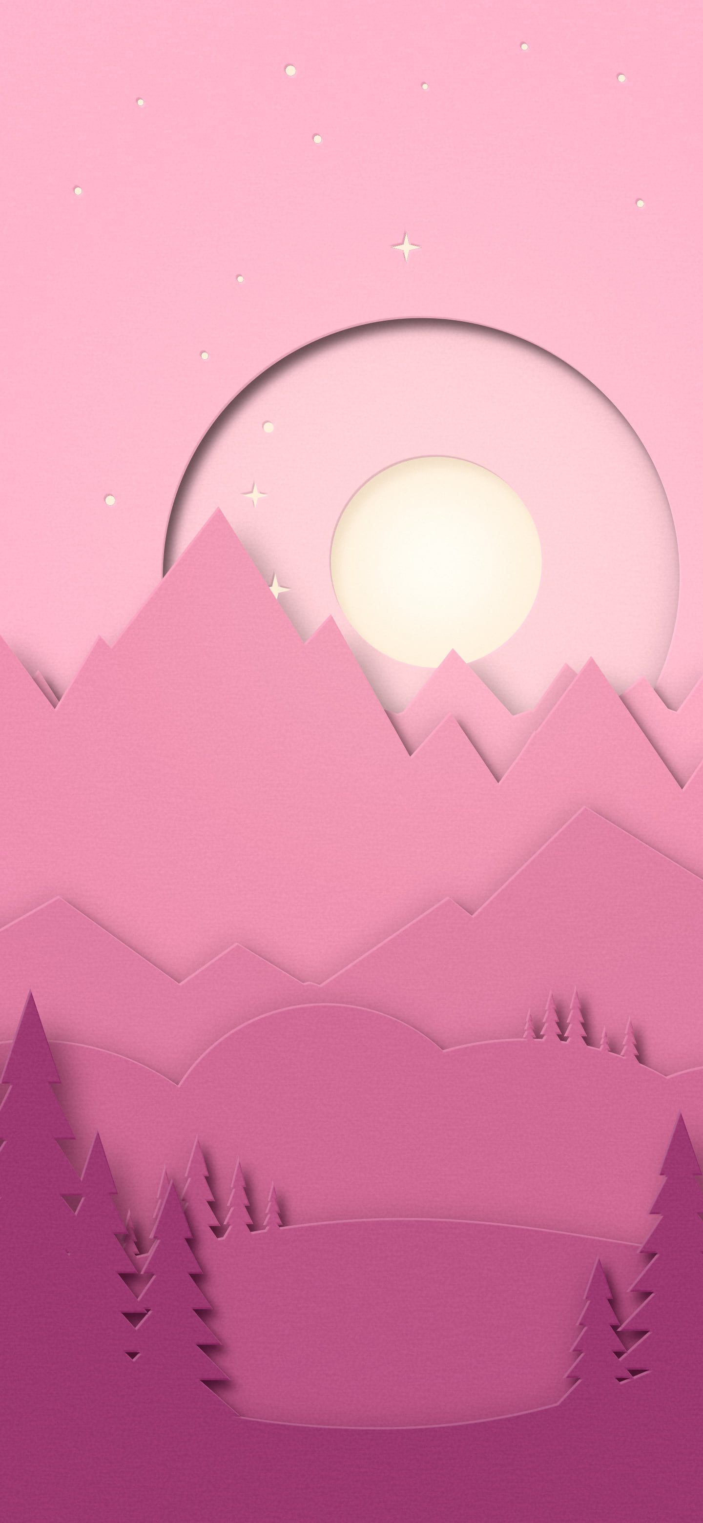 Pink 3D Paper Cut Mountains and Moon wallpaper for iPhone and Android