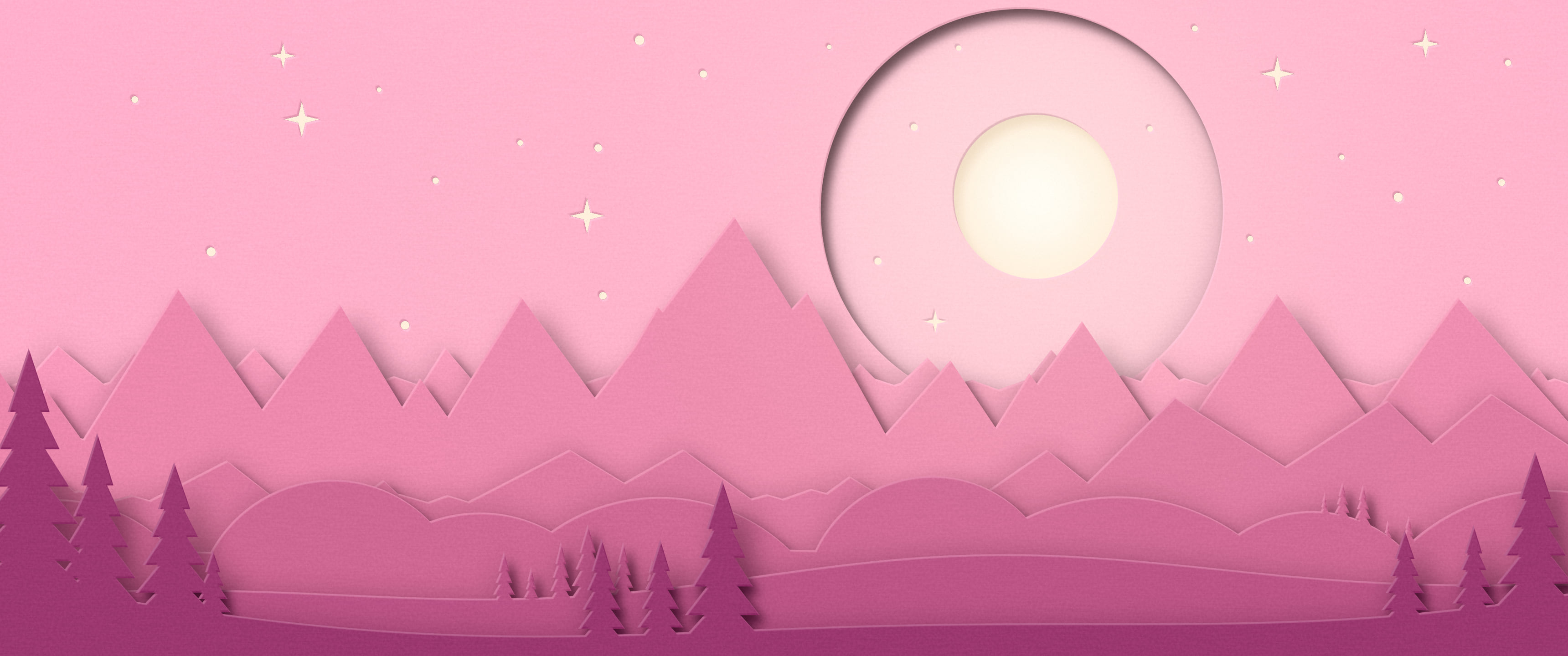 Pink 3D Paper Cut Mountains and Moon ultrawide wallpaper, 3440 × 1440