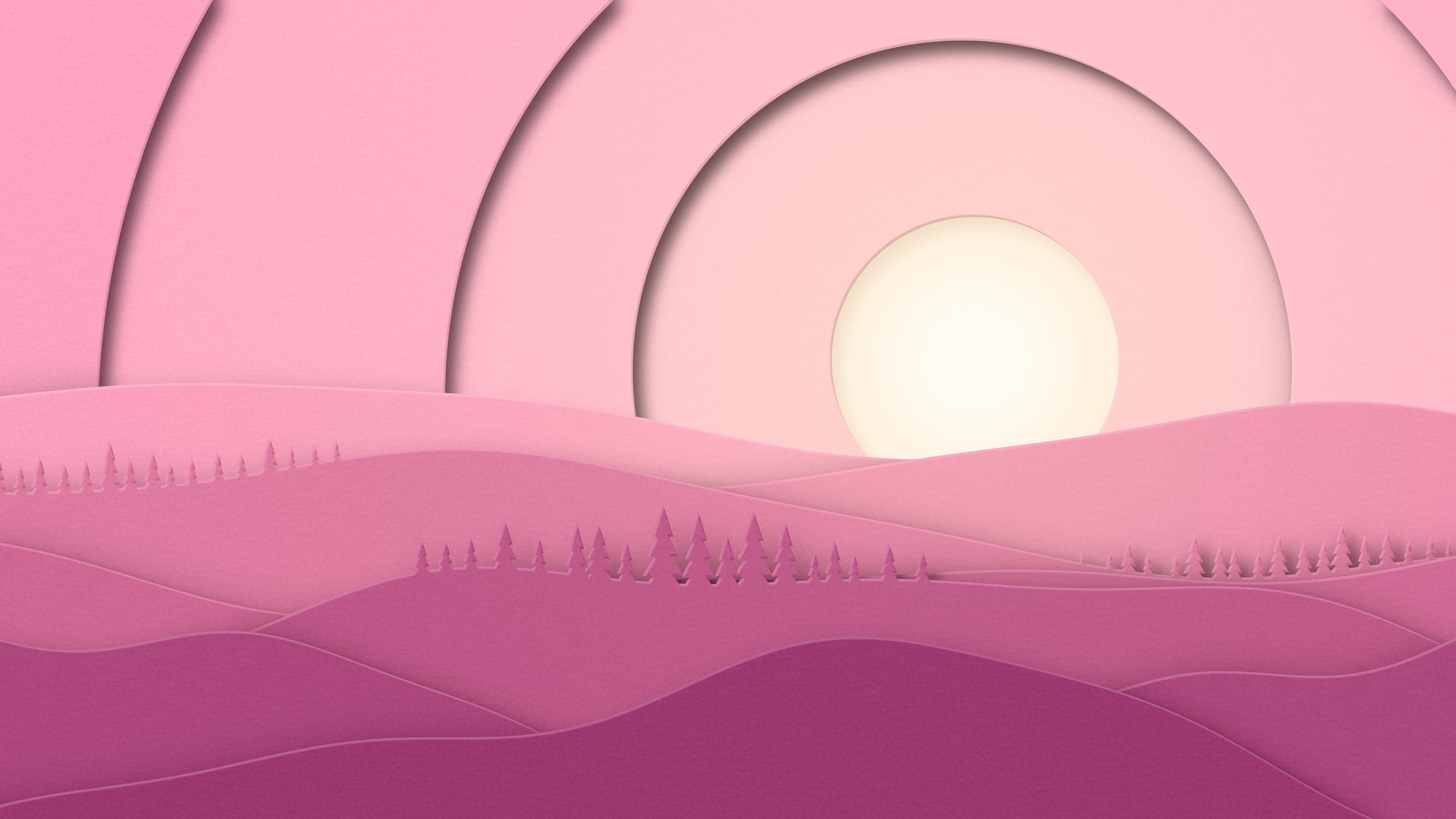 Pink 3D Paper Cut Rolling Hills desktop wallpaper in 4K