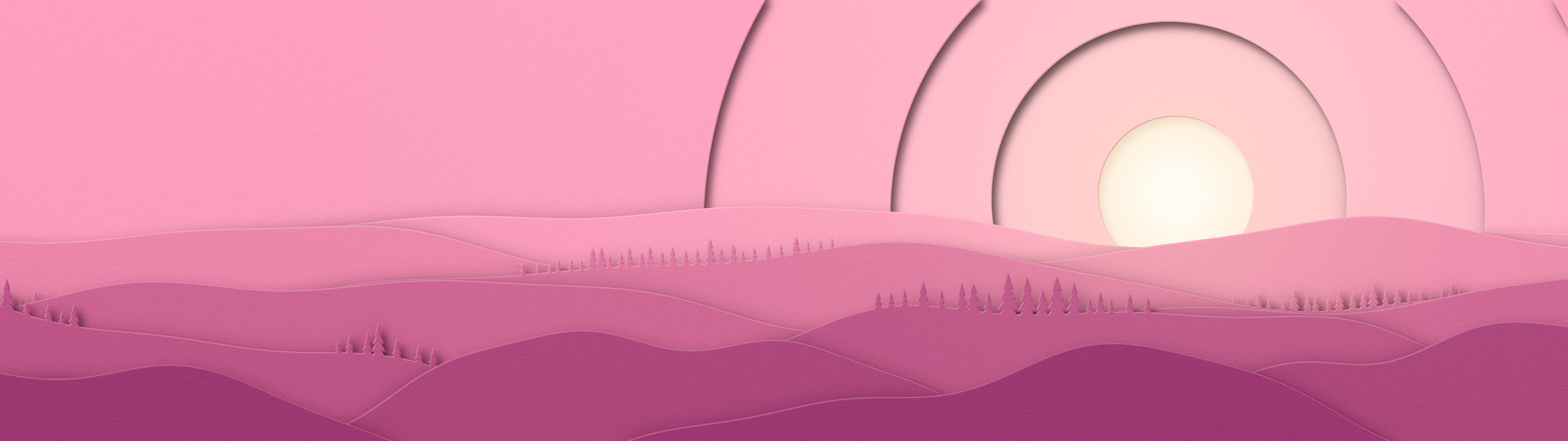 Pink 3D Paper Cut Rolling Hills dual monitor wallpaper, 7680 × 2160