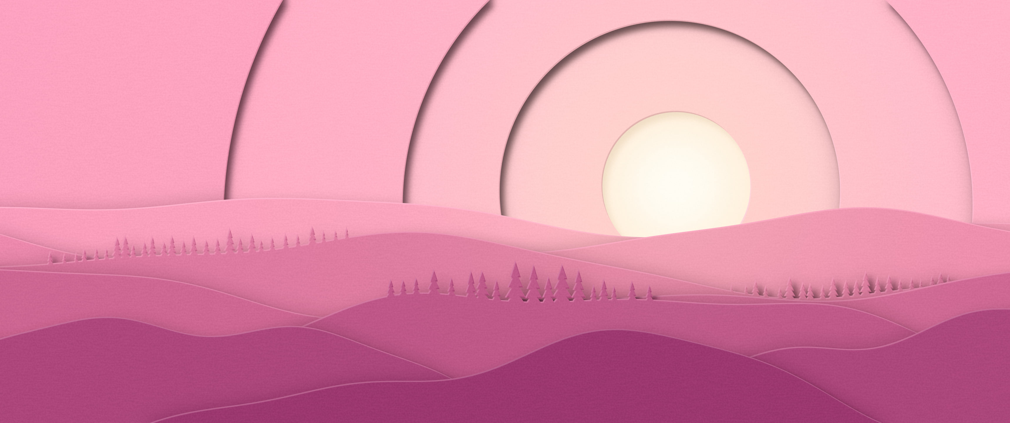 Pink 3D Paper Cut Rolling Hills ultrawide wallpaper, 3440 × 1440