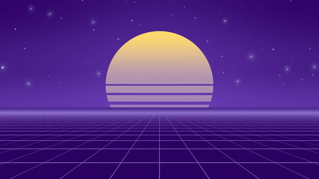 Pink and Purple Synthwave Grid Sunset desktop wallpaper in 4K