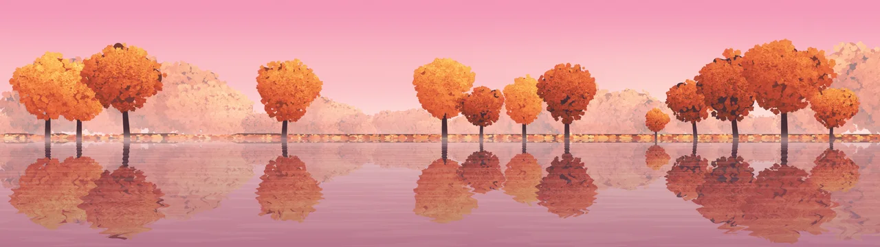 Pink Autumn Lake dual monitor wallpaper, 7680 × 2160