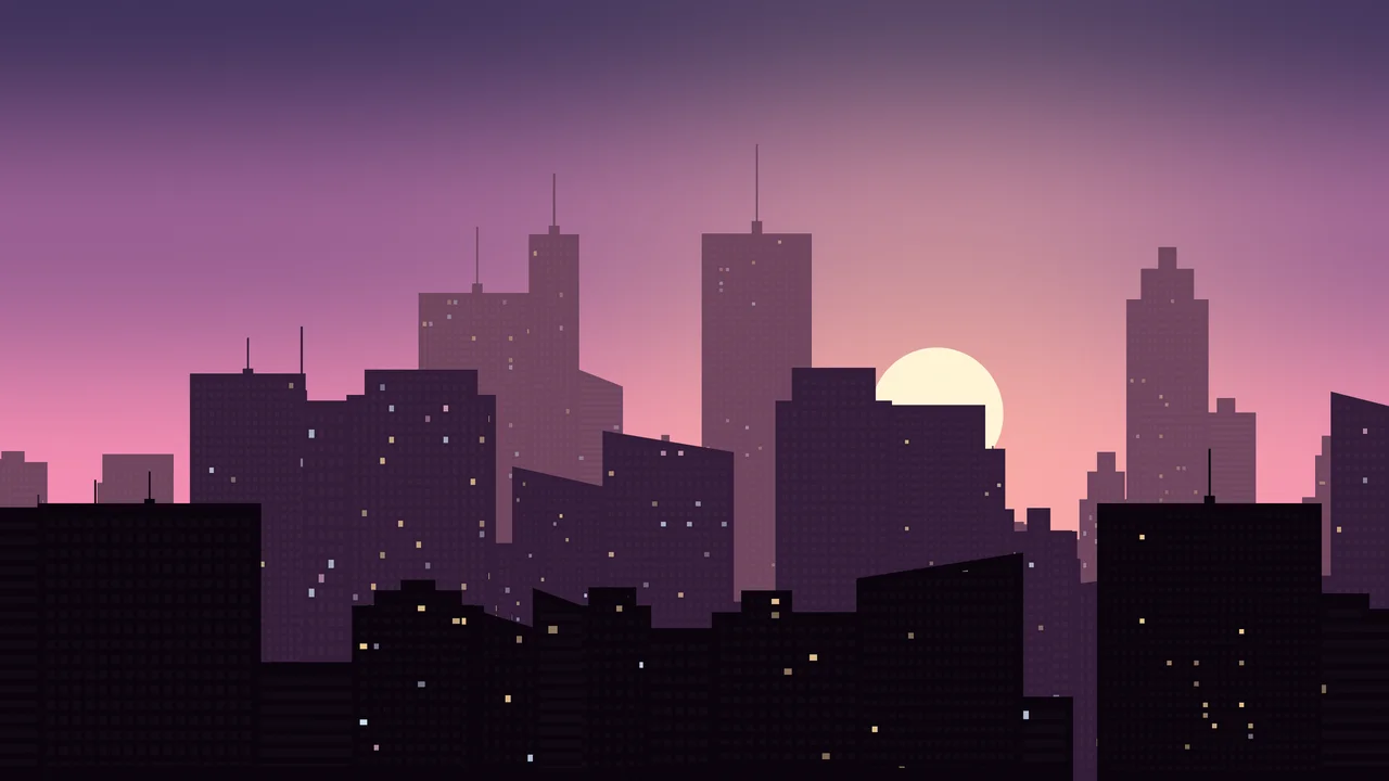 Pink City Skyline Sunset desktop wallpaper in 4K
