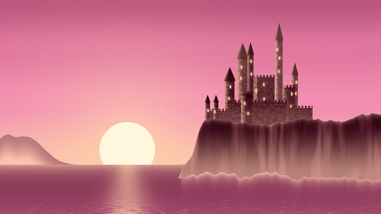 Pink Fantasy Castle at Sunset desktop wallpaper in 4K
