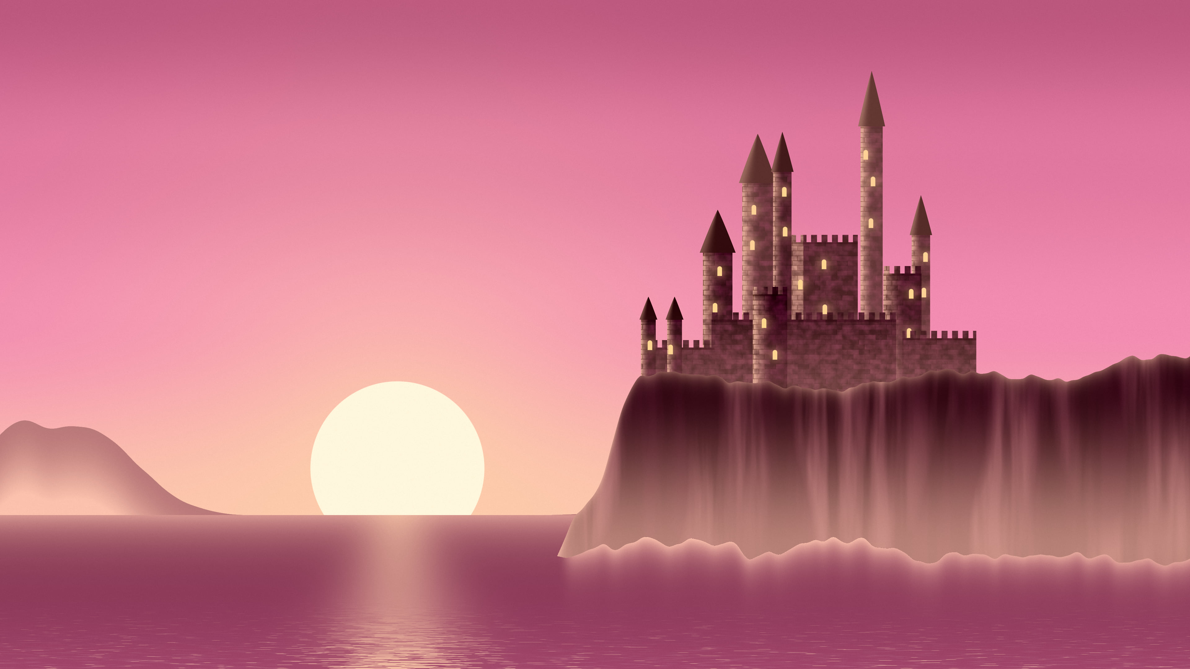 Pink Fantasy Castle at Sunset desktop wallpaper in 4K