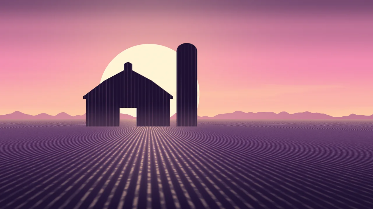 Pink Farm Barn at Sunset desktop wallpaper in 4K