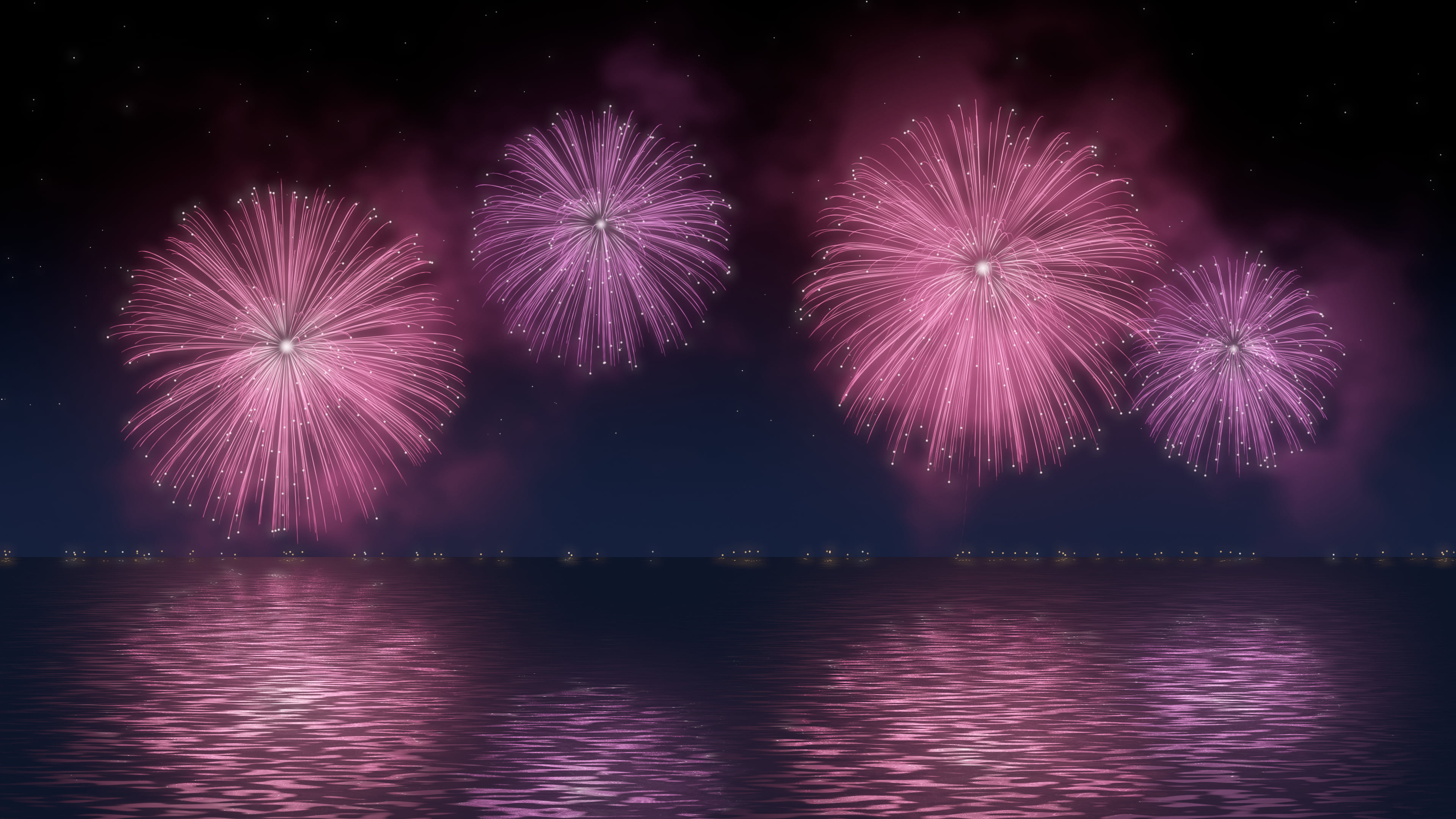 Pink Fireworks Over Water desktop wallpaper in 4K