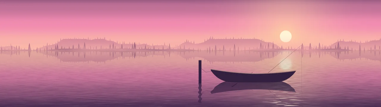 Pink Fishing Rowboat on a Misty Lake dual monitor wallpaper, 7680 × 2160