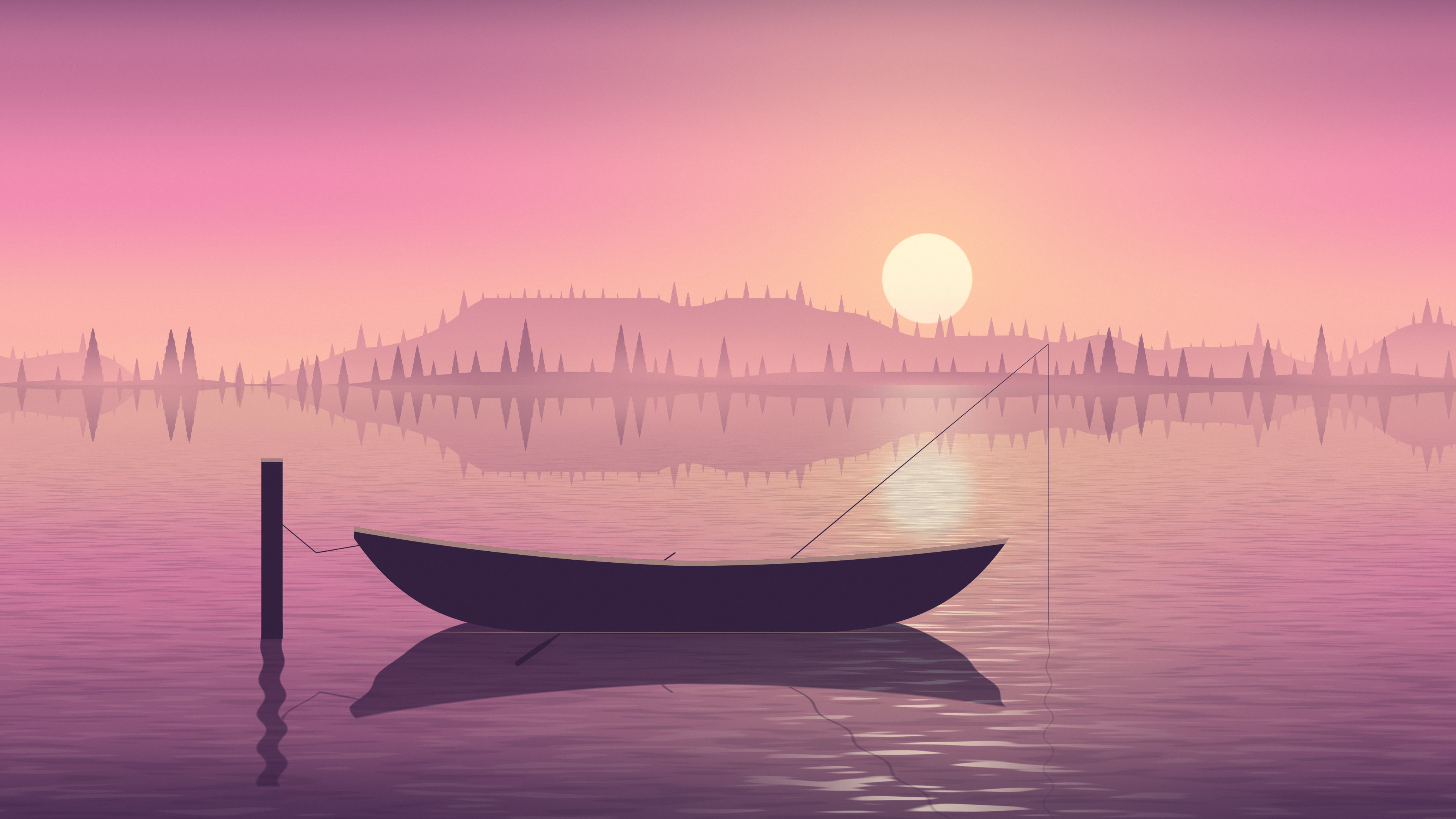 Pink Fishing Rowboat on a Misty Lake desktop wallpaper in 4K
