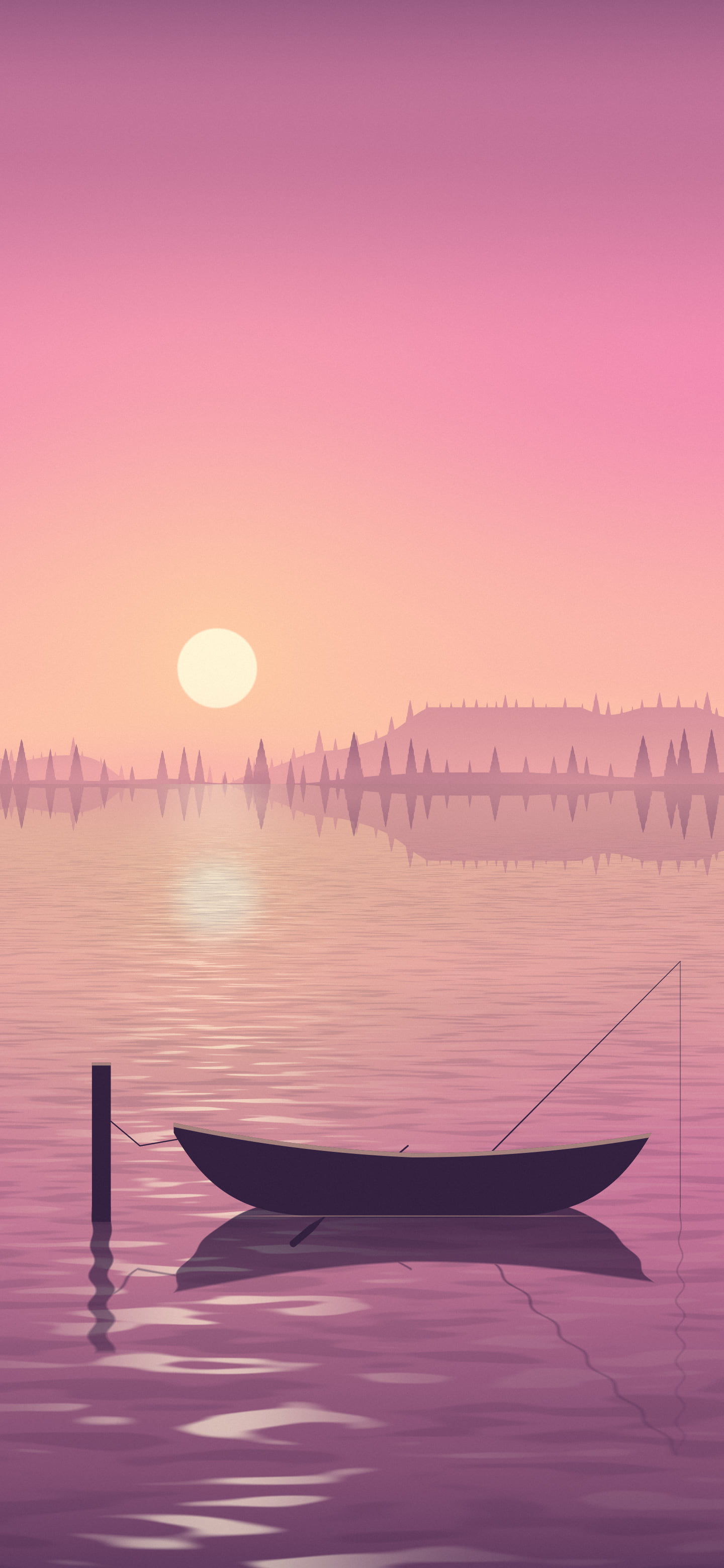 Pink Fishing Rowboat on a Misty Lake wallpaper for iPhone and Android