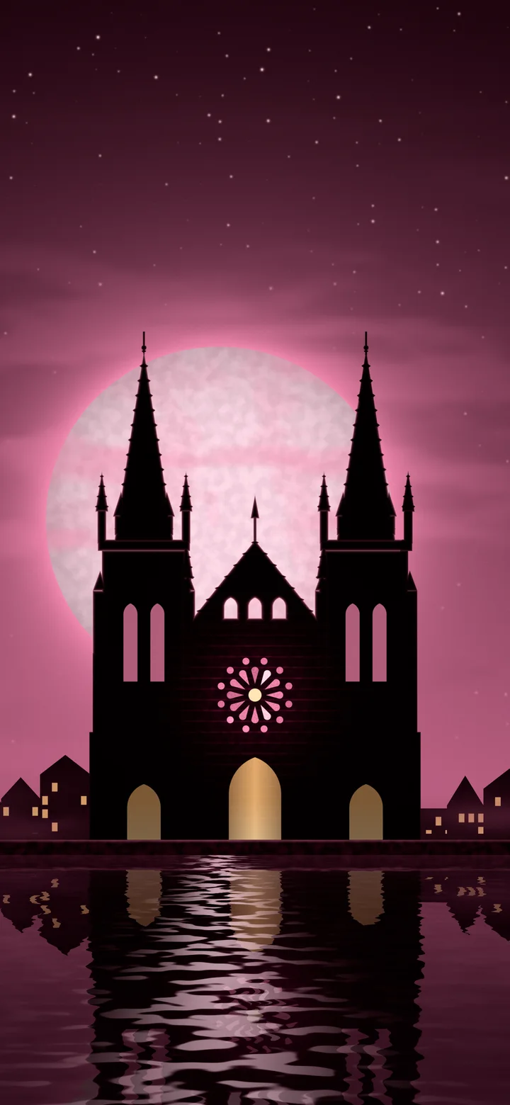 Pink Gothic Cathedral and Full Moon wallpaper for iPhone and Android
