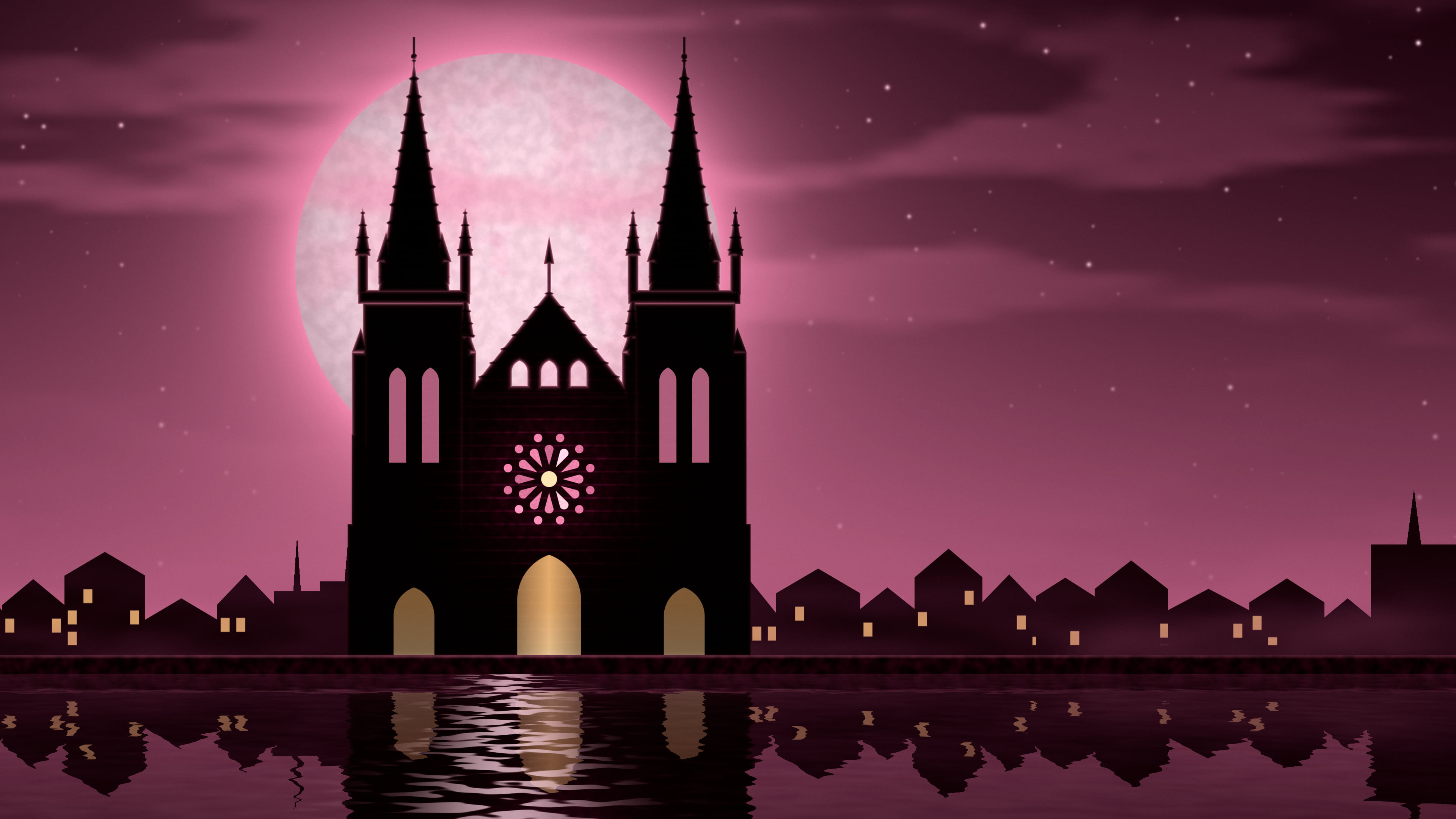 Pink Gothic Cathedral and Full Moon desktop wallpaper in 4K