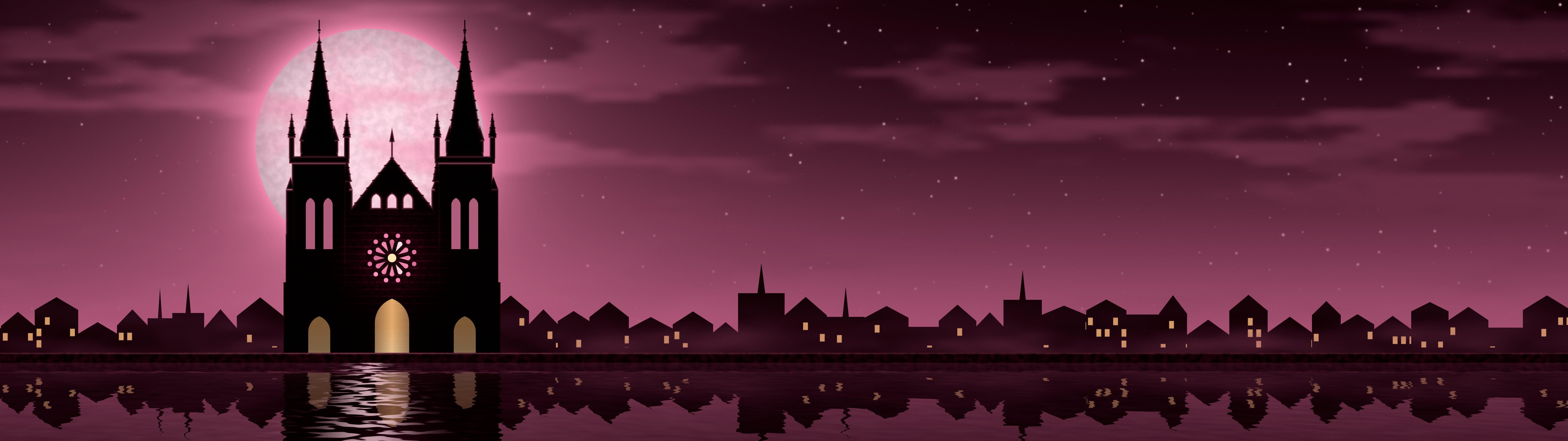 Pink Gothic Cathedral and Full Moon dual monitor wallpaper, 7680 × 2160