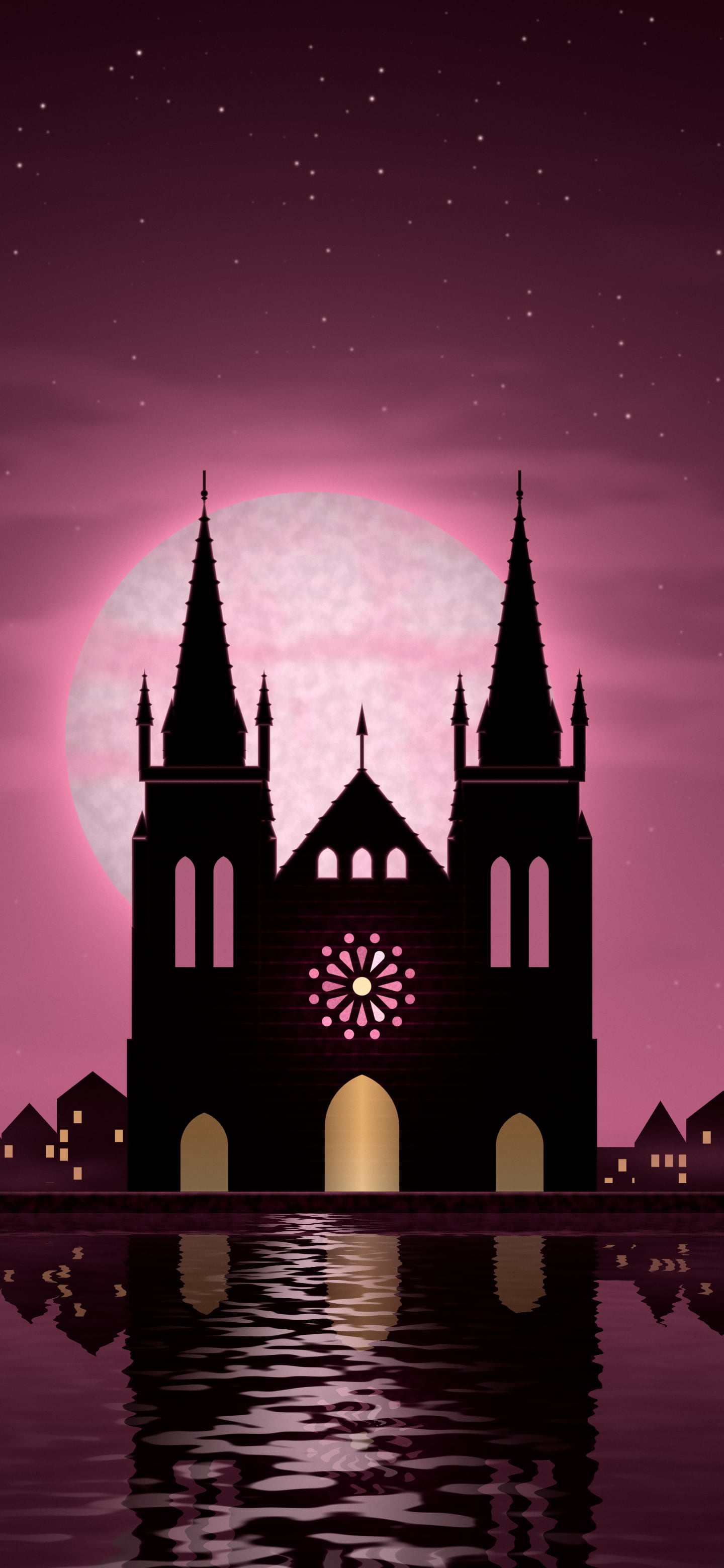 Pink Gothic Cathedral and Full Moon wallpaper for iPhone and Android