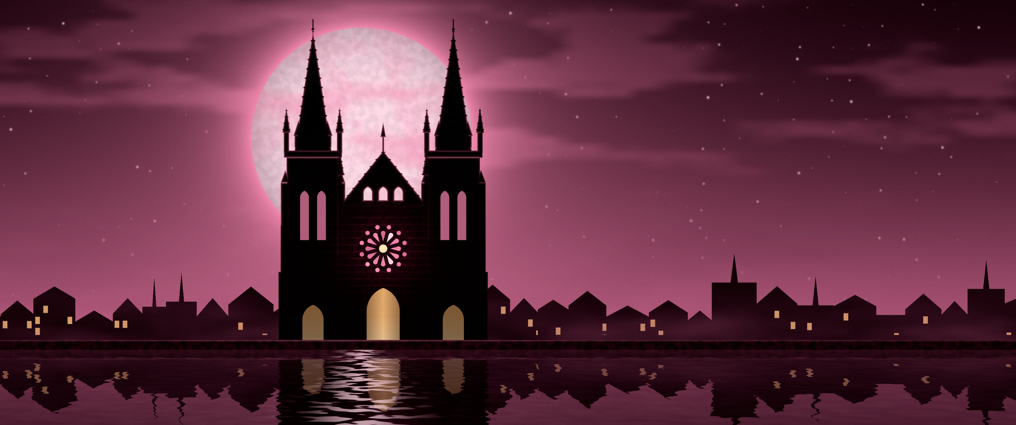 Pink Gothic Cathedral and Full Moon ultrawide wallpaper, 3440 × 1440