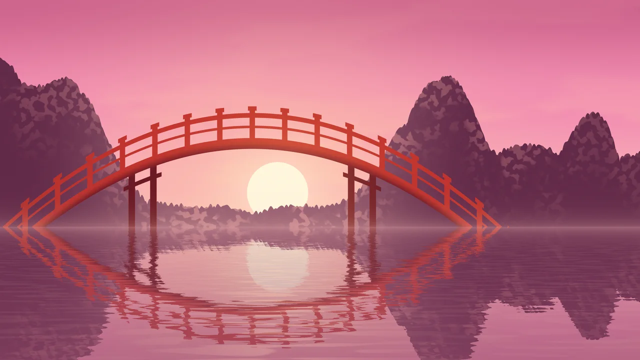 Pink Japanese Garden Bridge desktop wallpaper in 4K