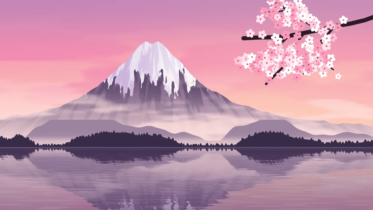 Pink Japanese Mountain and Cherry Blossom desktop wallpaper in 4K