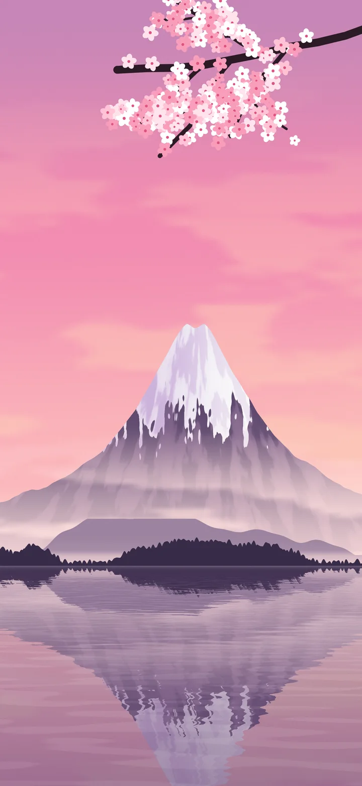 Pink Japanese Mountain and Cherry Blossom wallpaper for iPhone and Android