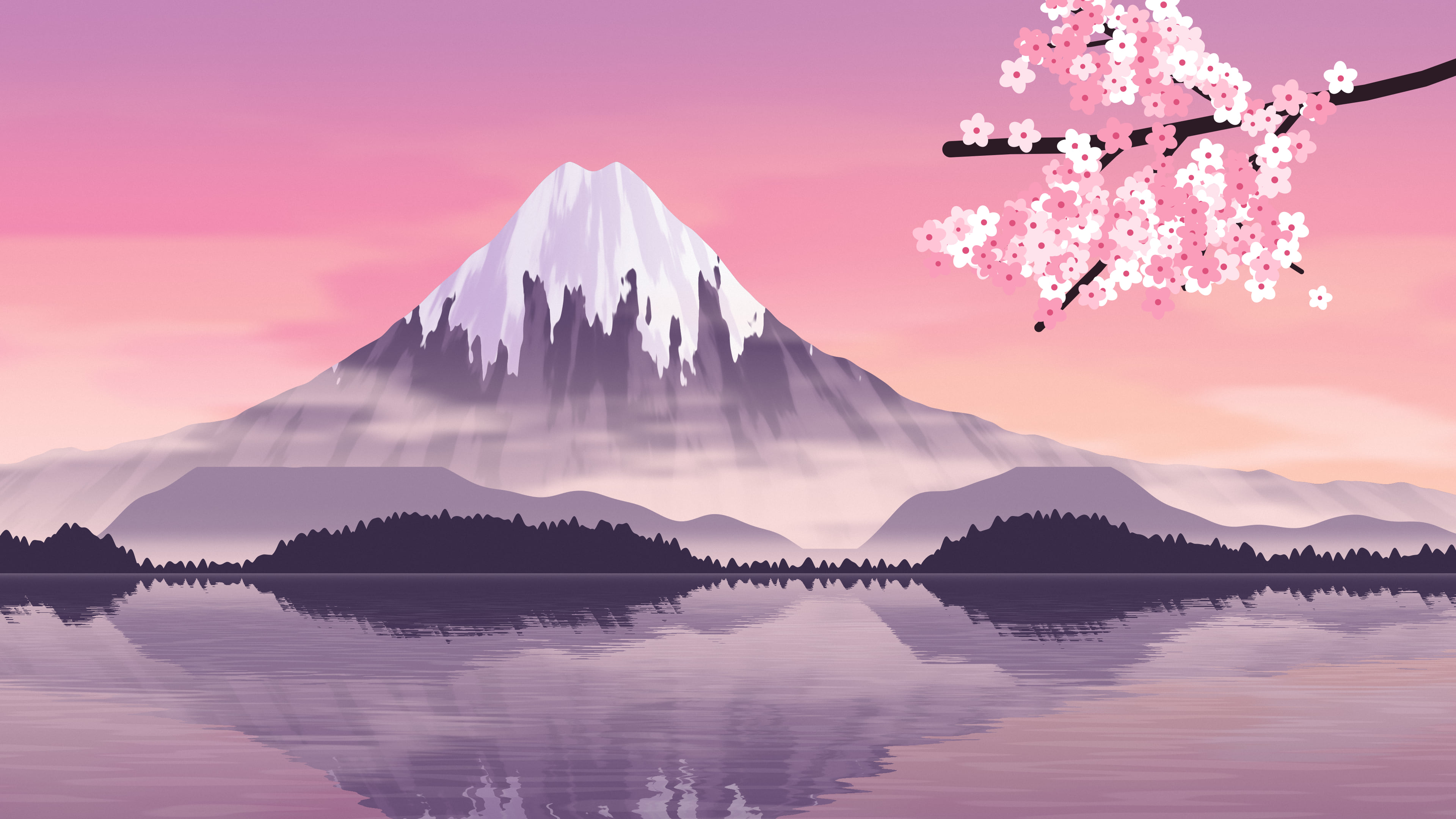Pink Japanese Mountain and Cherry Blossom desktop wallpaper in 4K