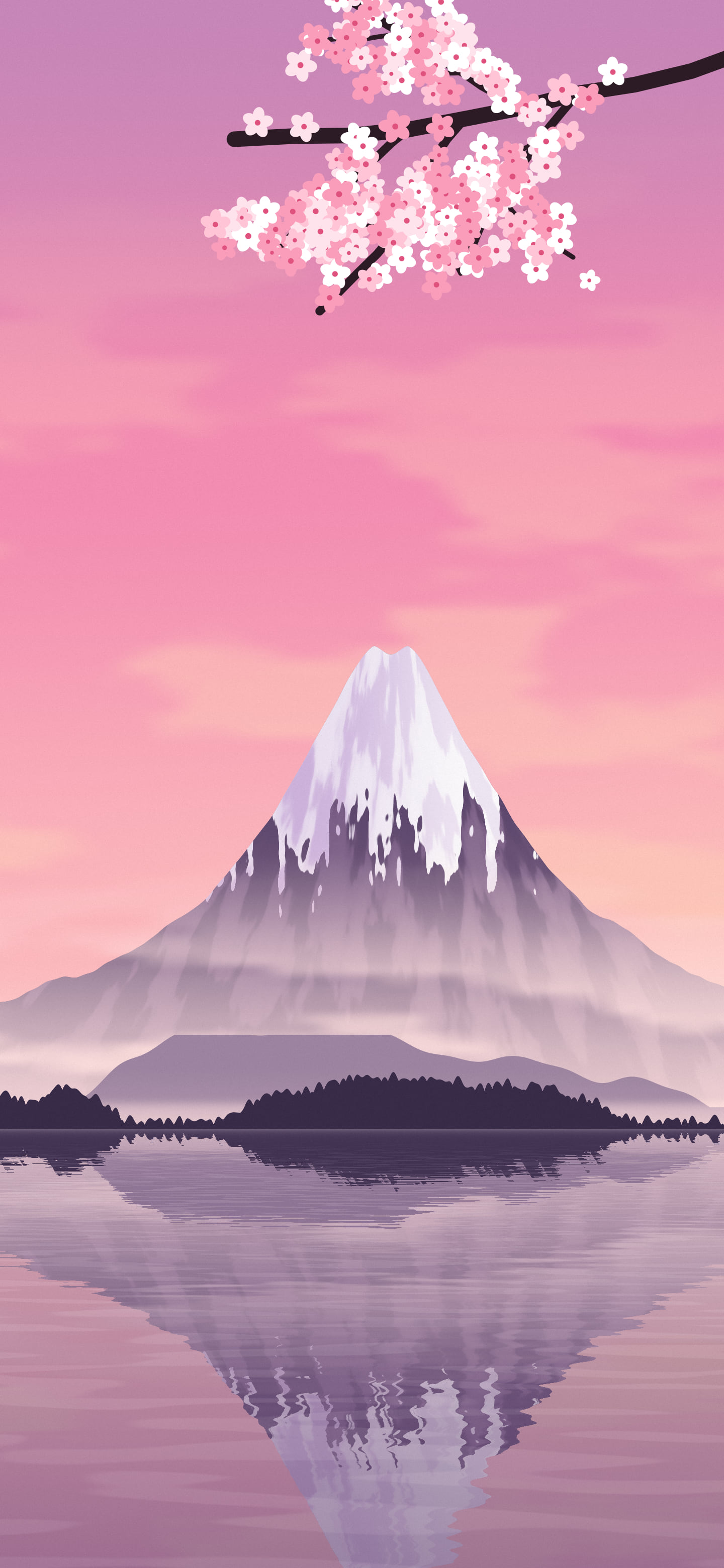 Pink Japanese Mountain and Cherry Blossom wallpaper for iPhone and Android